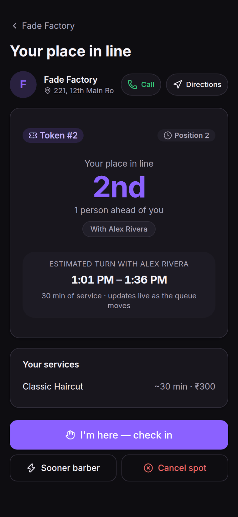Salonix customer app — your place in line, with a live turn window and a check-in button