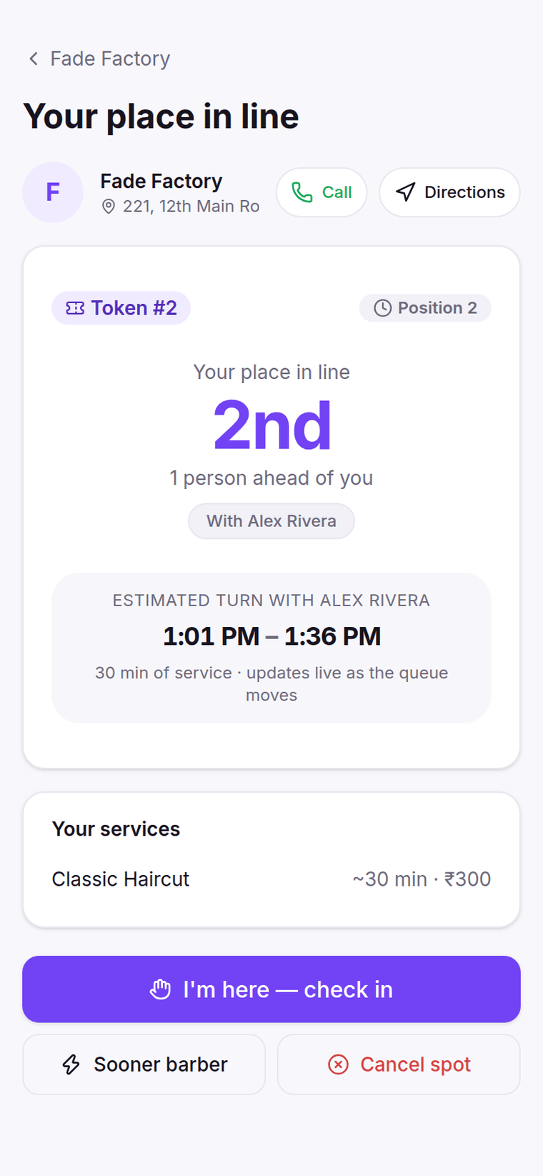 Salonix customer app — your place in line, with a live turn window and a check-in button