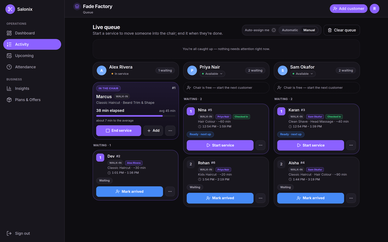 Salonix live queue — three stylist columns, walk-ins and reserved times sharing one line