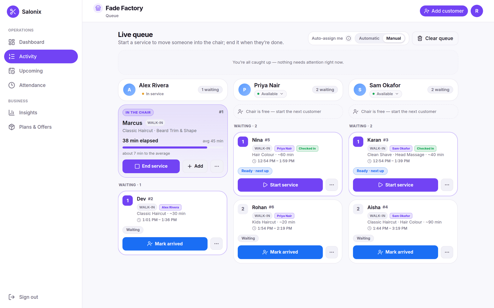 Salonix live queue — three stylist columns, walk-ins and reserved times sharing one line